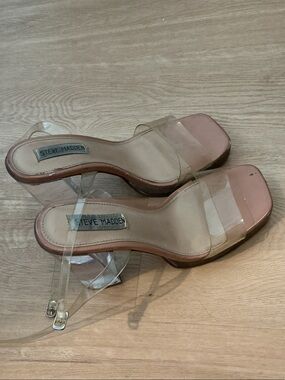 Women well worn Steve Madden Clear Strap Nude Pink Block Heel Sandals